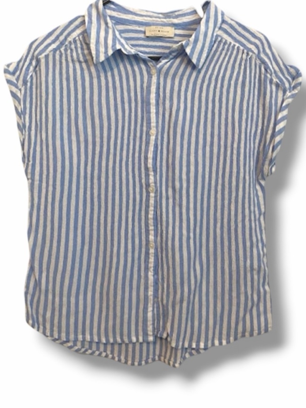 Lucky Brand Women’s Light Blue White Striped Cap Sleeve Collared Button Up Top